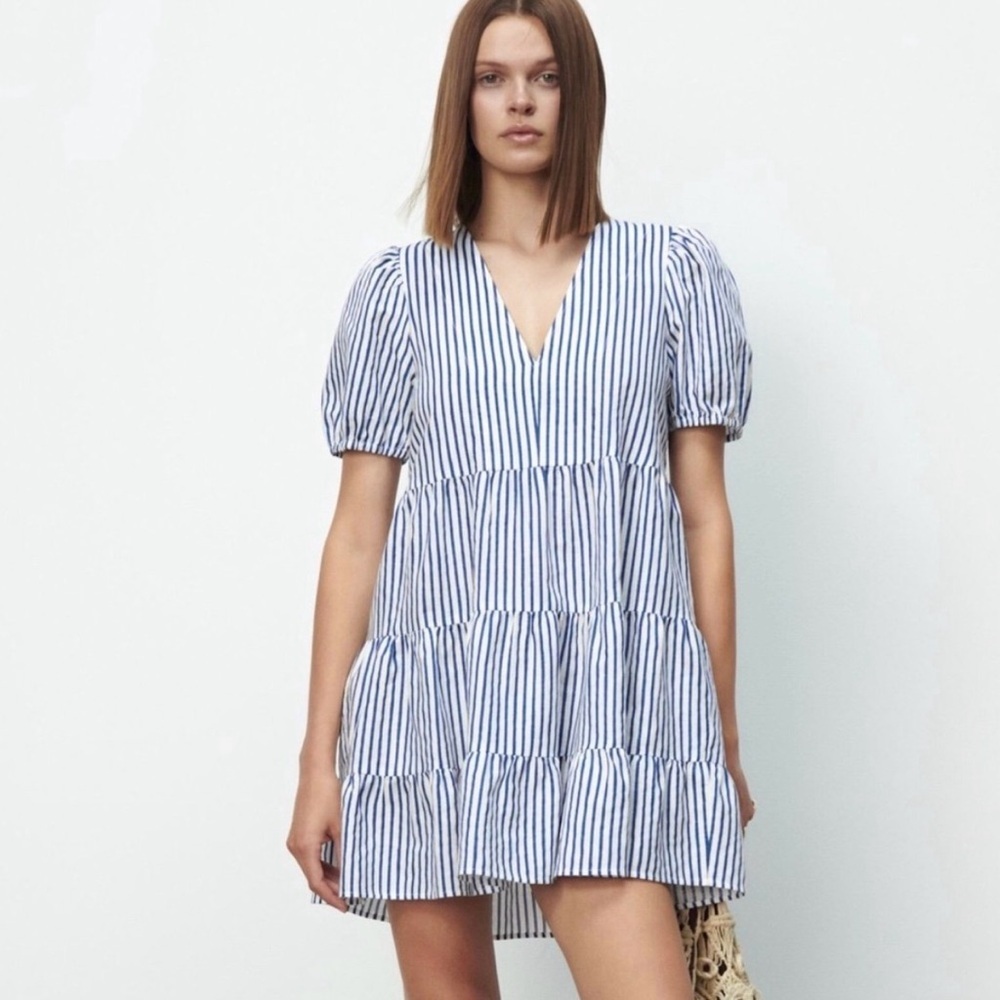 Zara Blue and White Striped Midi Dress